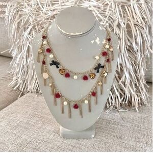 🪞 NEW betsey johnson rose bow heart pearl charm double layered gold necklace
